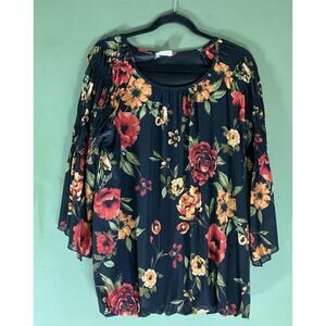 Ember Size Large Black Dark Floral Wide Sleeve Blouse With Cuffed Bottom